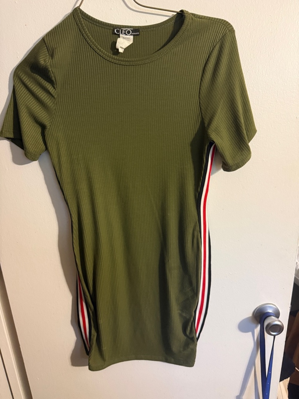 cleo Olive Ribbed Short-Sleeve Dress with Red, White & Black Side Stripes